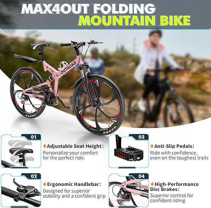 26 Inch Folding Mountain Bike, 21 Speed Full Suspension Bicycle with High-Carbon Steel, Dual Disc Brake Non-Slip Quick Release tire Folding Bicycle for Adults/Men/Women