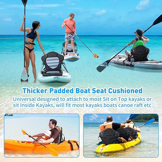Kayak Seat Deluxe Padded Fishing Boat Seat Deluxe Sit-On-Top Canoe Seat Cushioned - Comfortable Backrest Support Universal Sit with Adjustable Back Strap Detachable Storage Bag