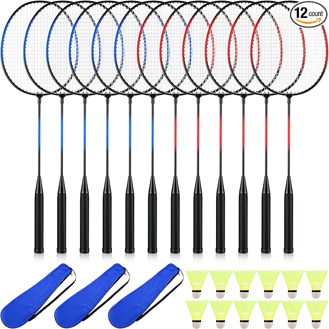 12 Pack Badminton Rackets Set Including Rackets, Nylon Shuttlecocks and Carry Bag for Outdoor Backyard Games Beginners