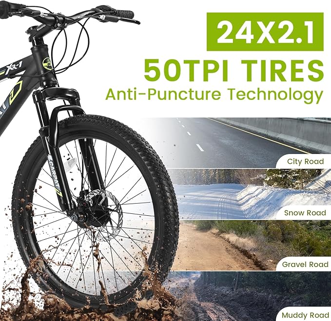 24/26 Inch Mountain Bike, 21 Speed Mountain Bicycle with High Carbon Steel Frame, Dual Disc Brakes and Front Suspension, MTB Bike for Adult Teenagers Boys Girls