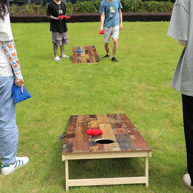 UKASE Solid Wood Regulation Size Cornhole Set Portable Bean Bags Toss Game with Durable Wood Grain Printed Surface and Underneath for Indoor and Outdoor