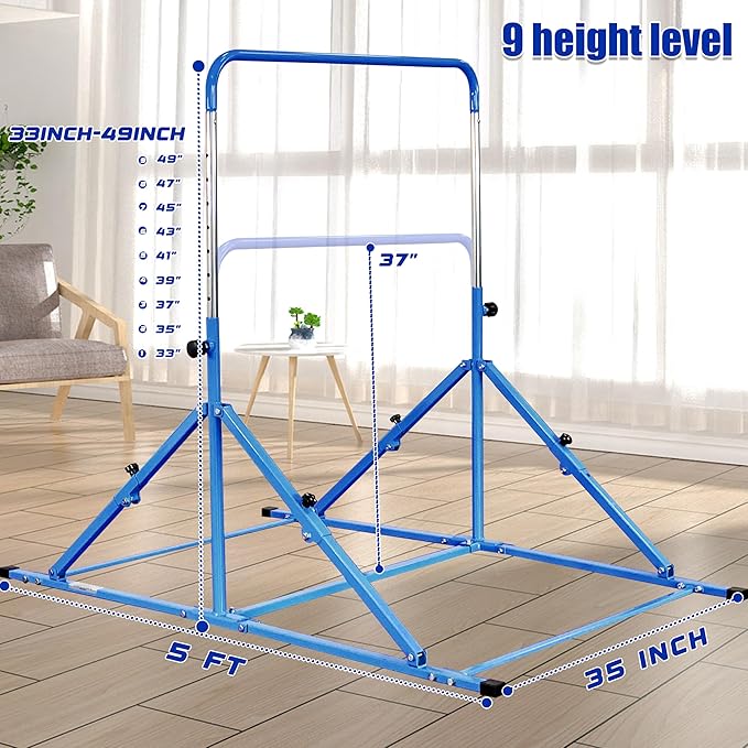 MARFULA Foldable Gymnastic Bar for Kids Ages 3-12, 9 Height Levels, 200 lbs Weight Capacity, 5 Ft Length Gymnastic Kip Bar with Mat, Gymnastic Equipment for Home and Gym Center Indoor Outdoor Use