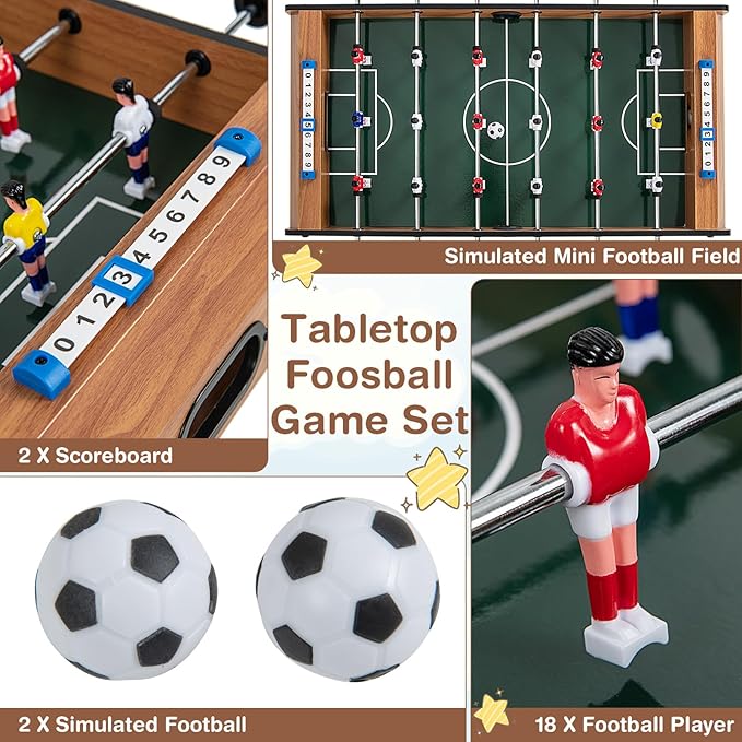 RELAX4LIFE 27’’ Tabletop Foosball Table, Portable Compact Soccer Table Game Set w/2 Balls & Score Keeper, Arcade Table Football for Home Family Game Room Pub Party, Mini Foosball Table for Kids Adults