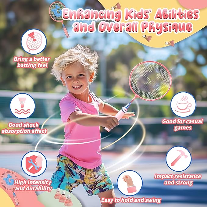 JOY SPOT! Kids Badminton Rackets Set with Soft Grip, Oversize & Lightweight Shuttlecocks Racquet with Carry Bag for Children Youth, 2 Player Sport Game for Indoor Outdoor Backyard