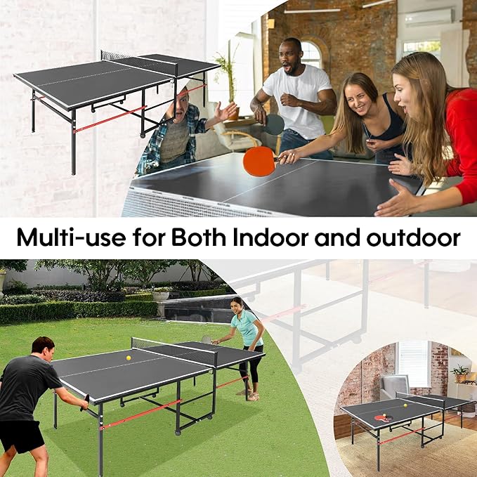 8X4FT Ping Pong Table for Indoor/Outdoor, Foldable Mid-Size Table Tennis Table with Net, 2 Table Tennis Paddles and 3 Balls - Easy Assembly - Tournament Quality - Perfect for Family Game Rooms