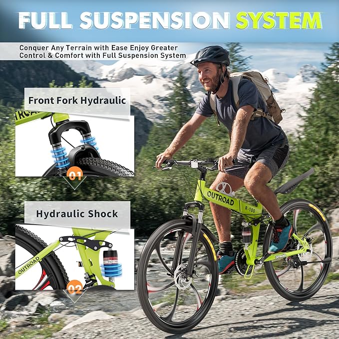 26 inch Folding Mountain Bike, Carbon Steel Frame and 21 Speed, Double Disc Brake and Dual Suspension Folding Bike for Adults/Men/Women, Easy Assembly Bicycle(Black/Green/Orange)