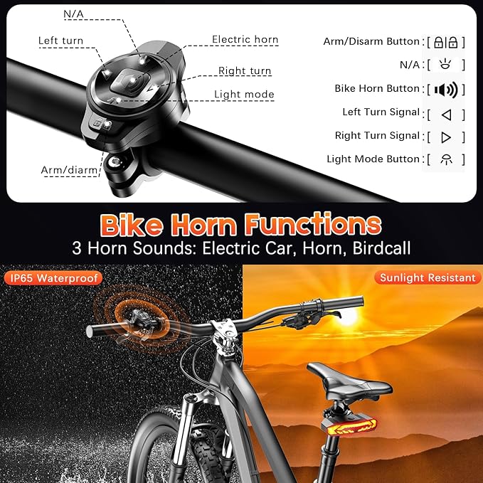 Smart Bike Tail Light with Turn Signals and Brake Light, Anti-Theft Bike Alarm with Remote, Bike Horn with USB-C Rechargeable, Auto ON/Off, IP65 Waterproof Bike Turn Signals Rear Light