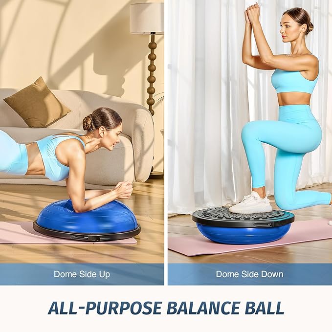 ZELUS 25in. Balance Ball | 660lb Inflatable Half Exercise Ball Wobble Board Balance Trainer w Nonslip Base | Half Yoga Ball Strength Training Equipment w 2 Bands, Pump, Extra Ball Included