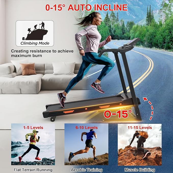 Auto Incline Treadmills for Home- foldble Treadmill 400 lb Capacity 3.25HP Folding Electric Treadmill Max 8.5 MPH Speed Running Machine with Wide Running Area Bluetooth Speaker for Home/Office Use