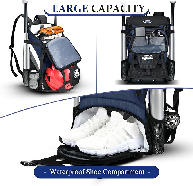 Baseball Backpack for Adult and Youth, Large Capacity Lightweight Softball Bag With Shoe Compartment and Fence Hook for TBall Bat & Equipment, Waterproof for Helmet, Gloves