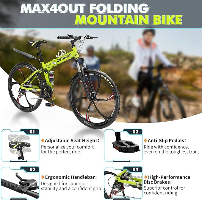 26 inch Folding Mountain Bike, Carbon Steel Frame and 21 Speed, Double Disc Brake and Dual Suspension Folding Bike for Adults/Men/Women, Easy Assembly Bicycle(Black/Green/Orange)