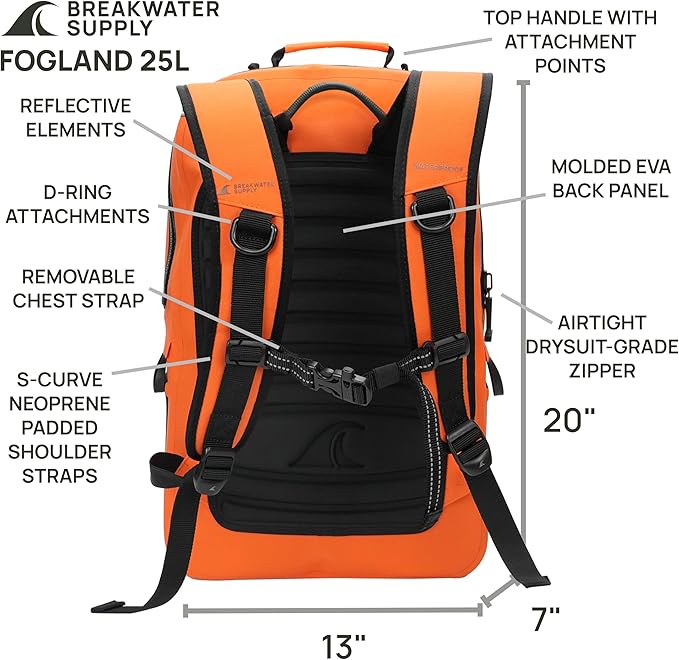 Breakwater Supply™ Waterproof IP68 Submersible Backpack with Airtight Zippers | Laptop Travel Outdoors | Fogland 25L 20L 15L