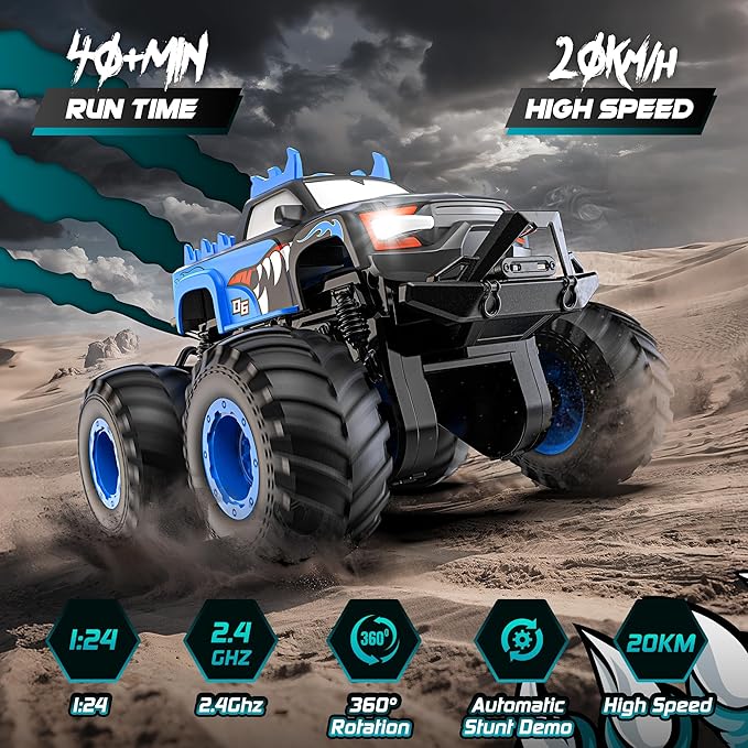 Remote Control Car, 1:24 Scale All Terrain Monster Tuck Toys with Auto Demo, Remote Control Tuck with 360° Rotation and Lights, 2.4Ghz Rc Cars Support 20km/h, Monster Trucks for Boys Age 4-7