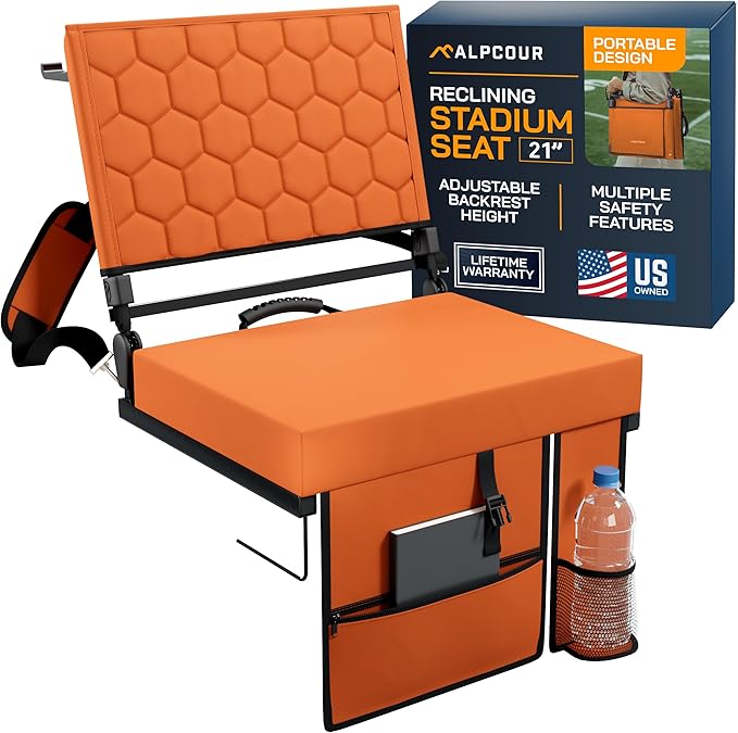 Extra Wide Folding Reclining Stadium Seat with Back Suppot for Bleachers, Bleacher Hooks, Thick Cushion, Cup Holder, Storage Pockets – Portable Chair for Kayak, Canoe, Paddle Board, Concerts, & Sports