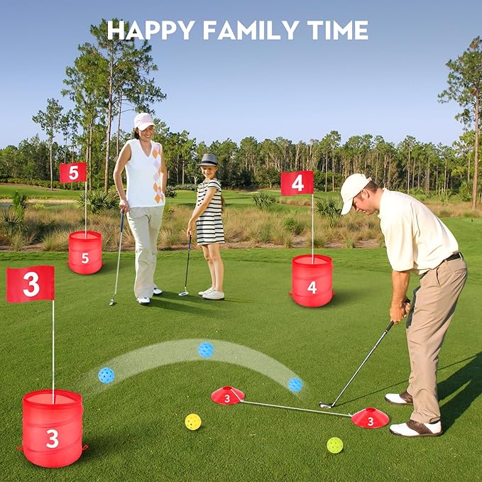Golf Bucket Outdoor Yard Games, Golf Practice Toys for Family, Adults and Kids, Portable Golf Course for Backyard, Lawn, Park, Beach, Camping (9 Hole Course)