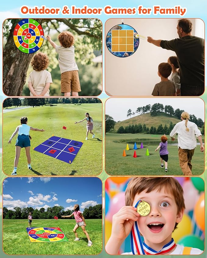 Carnival Games Set, Giant Tic Tac Toe Games, 4ft x 4ft Double-Sided, 26" Dart Board with Sticky Balls, Soft Plastic Cones Ring Toss Game Set for Kids Adults Family Outdoor Lawn Yard Birthday Party