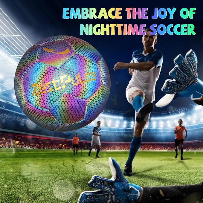 Holographic Reflective Soccer Ball Size 3, 4 & 5 for Kids & Adults, High Visibility for Night Games and Training, Ideal Gift for Boys Girls 8-12