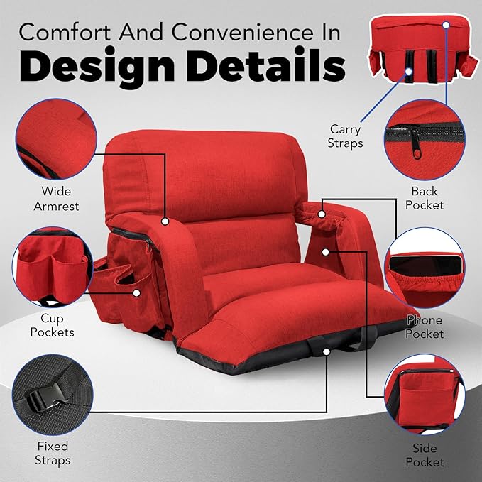 Wide Stadium Seats With Back Support 2 Pack, Exclusive "Sofa Style" Design Extra Thick Bleacher Chairs With Back and Cushion, 6 Reclining Positions - Ultimate Comfort for Sports Events (Red, 22.5")