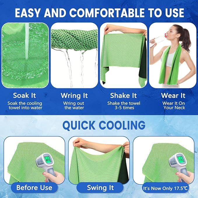 Hosuly 150 Pack Cooling Towels Bulk 40 x 12 Inch Large Chilly Breathable Sweat Sports Cold Towels Sublimation Microfiber Ice Neck Rags for Hot Weather Workout Baseball Softball Gym Team Gift(Green)