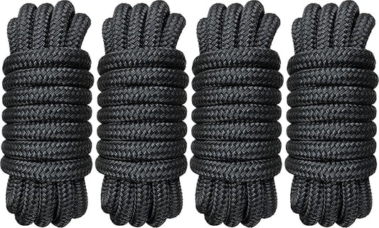4 Pack 3/4" x 20' Dock Lines - Marine Grade Nylon Boat Rope with 15" Loop for Docking and Mooring - Double Braided Boat Lines, High Strength, Easy Handling, Fray Resistant, Heavy Duty - Black
