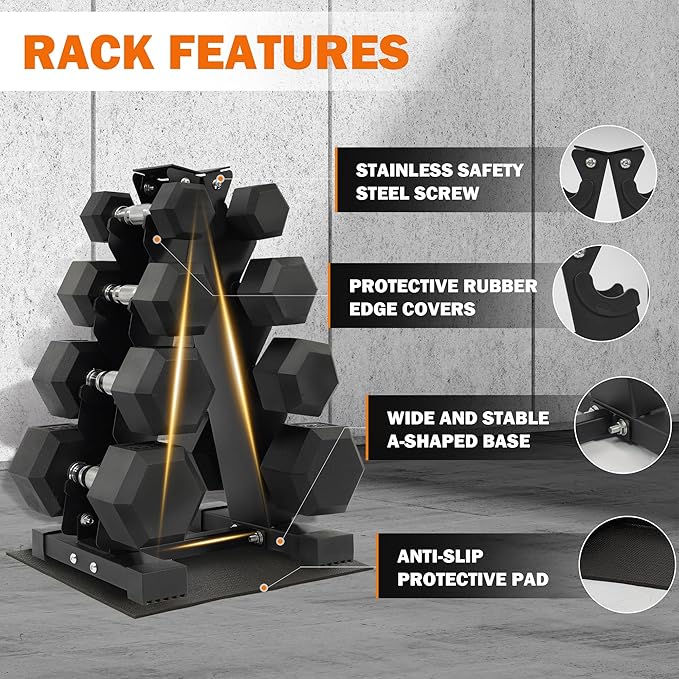 Rubber Coated Hex Dumbbell Weight Sets and Storage Rack, 100LBS Set or 150LBS Set, 5-20 lbs Pairs or 5-25 lbs Pairs