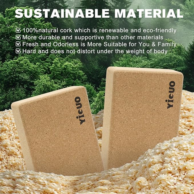 YIGUO Cork Yoga Blocks with Strap, 2 Pack Natural Yoga Block, Eco-friendly yoga blocks, High Density Non-Slip Yoga Accessories for Women, Ideal for Yoga, Pilates and Stretching, 9"x6"x3"