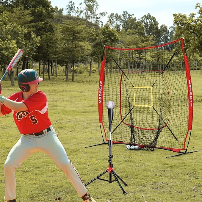 Storgem Baseball and Softball Practice Net 7×7ft Portable Hitting Pitching Batting Training Net Baseball Backstop Net with Batting Tee and Strike Zone and Bow Frame