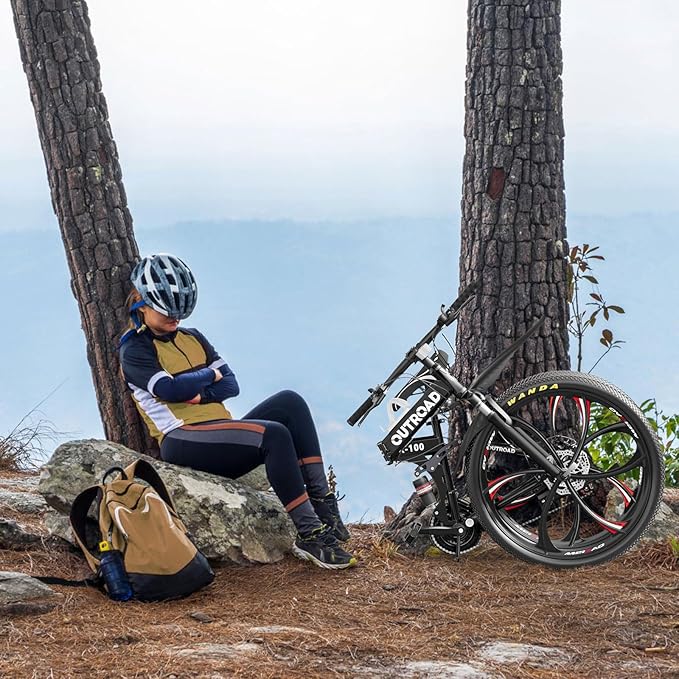 26 inch Folding Mountain Bike, Carbon Steel Frame and 21 Speed, Double Disc Brake and Dual Suspension Folding Bike for Adults/Men/Women, Easy Assembly Bicycle(Black/Green/Orange)