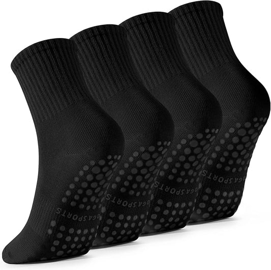 4 Pairs Pilates Socks with Grips for Women, Barre Yoga Grippy Socks, Womens Non Slip Pilates Crew Sticky Socks