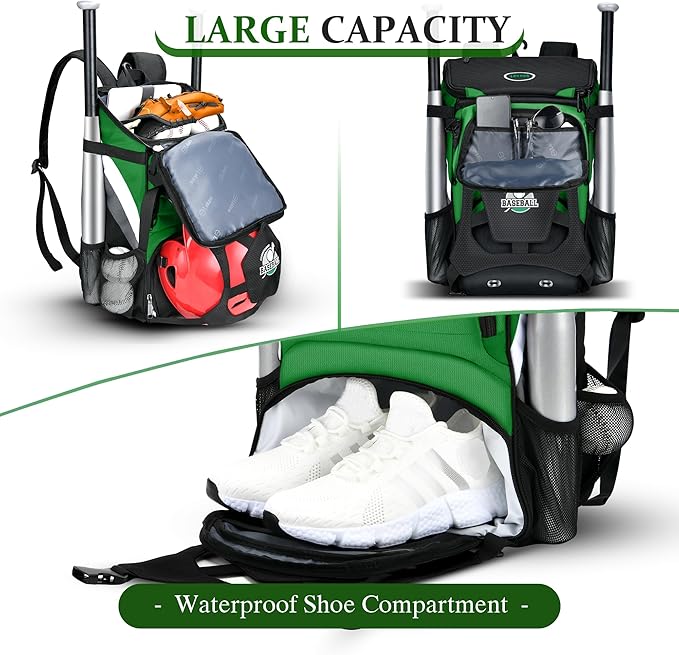 Baseball Backpack for Adult and Youth, Large Capacity Lightweight Softball Bag With Shoe Compartment and Fence Hook for TBall Bat & Equipment, Waterproof for Helmet, Gloves