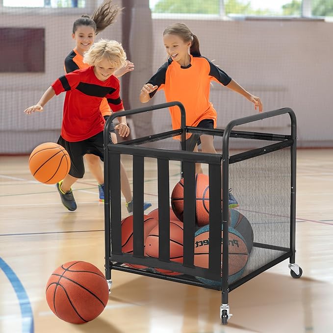 STO STO Rolling Sports Ball Storage Cart, Lockable Basketball Cage with Elastic Straps, Sport Equipment Holder Organizer for Indoor Outdoor, Steel Storage Rack for Playgroup and Gym