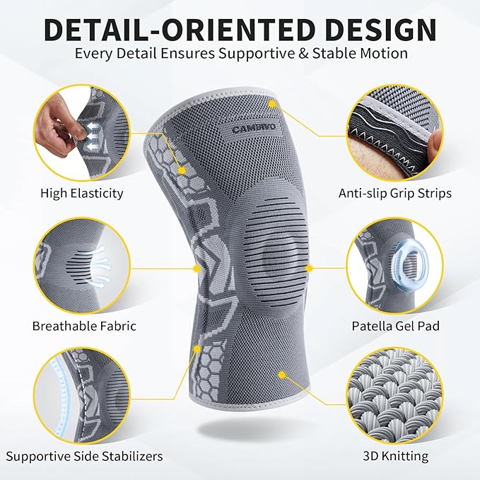 CAMBIVO 2 Pack Knee Brace for Men and Women, Knee Sleeves for Men with Patella Gel Pad and Side Stabilizers, Knee Compression Sleeves for Knee Pain Relief, Running, Workout, Daily Use