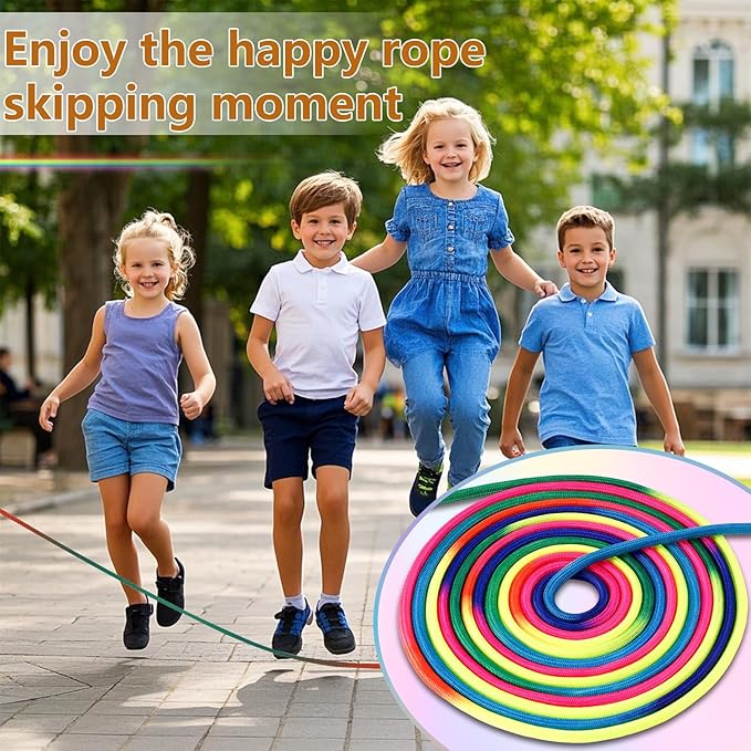 2 PCS Long Jump Ropes, 16 FT Adjustable Skipping Rope for Kids, Double Dutch Jumping Ropes, Rainbow Jump Rope with Wooden Handle, Nylon Jumping Rope for Outdoor Fun, Party Game