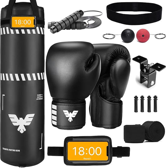 Elite Sports 4ft Boxing Bag, Punching Bag Set with 12oz Gloves, Hand Wraps, Jump Rope, Reflex Ball & Phone Holder - for Boxing, MMA, Kickboxing, Martial Arts, Home Gym (Unfilled)