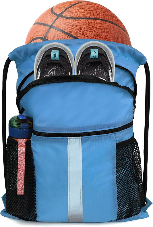 BeeGreen Drawstring Backpack Bag with Shoe Compartment, X-Large Black Gym Sports String Cinch Backpack