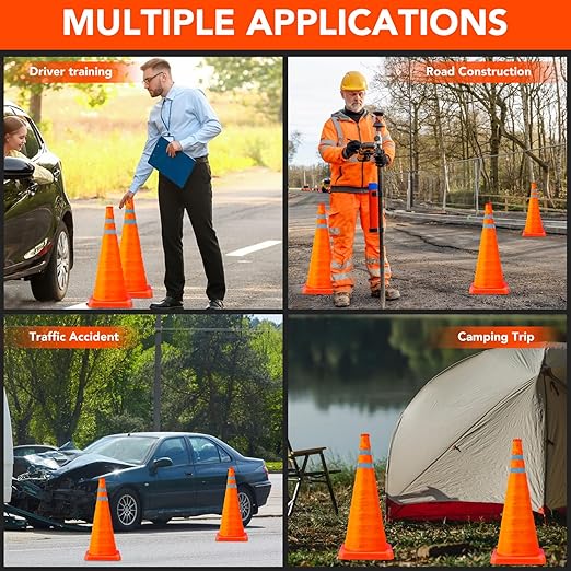 [8 Pack]28 Inch Collapsible Traffic Safety Cones - Parking Cones with Reflective Collars, Orange Safety Cones for Parking lot, Driveway, Driving Training etc