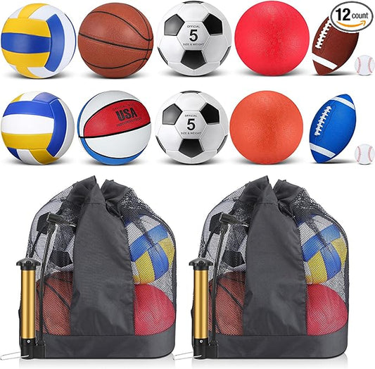 Deekin 12 Pcs Assorted Sport Ball Set Official Size Basketball, Football, Volleyball, Soccer, Baseball, Playground Ball with Bag and Pump Gift for Kid Youth Adult Back to School