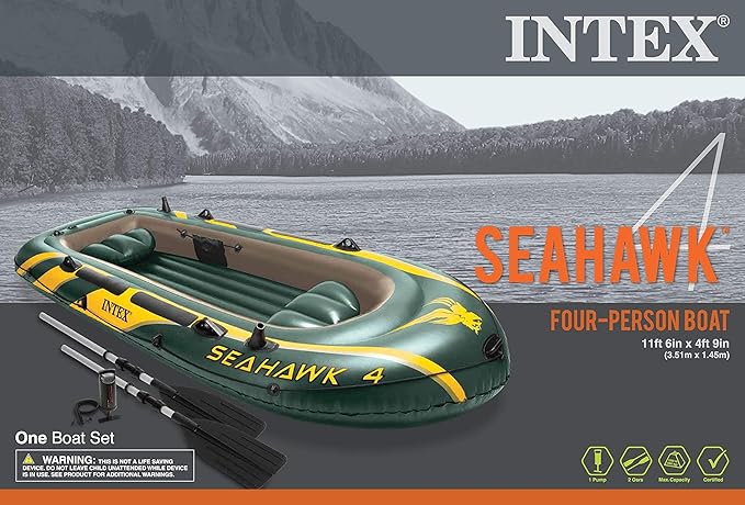INTEX Seahawk Inflatable Boat Series: Includes Deluxe Aluminum Oars and High-Output Pump – SuperStrong PVC – Fishing Rod Holders – Heavy Duty Grab Handles – Gear Pouch