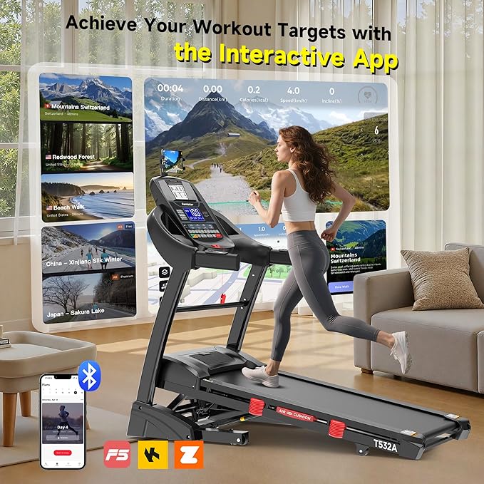 Running Treadmill for Home 400lbs Capacity, 5.1HP Folding Treadmill with 15% Auto Incline, Exercise Machine with Handle, App Scene Simulation, 18" Wide Deck, 0.6-10MPH, Included