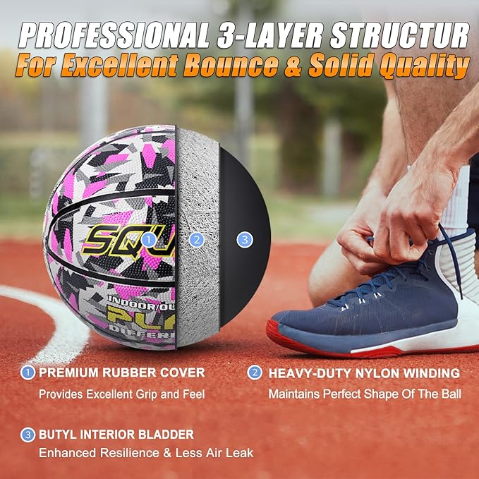 SQUAD Colored Camo Outdoor Basketball - High-Performance Rubber Basketball, Official Regulation Size 7 (29.5''), Includes Pump and Mesh Bag