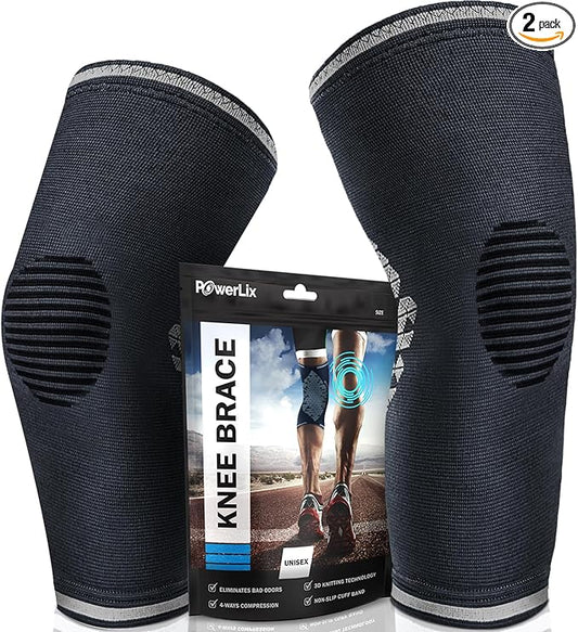 POWERLIX Knee Compression Sleeve (Pair) - Best Knee Brace for Knee Pain for Men & Women – Knee Support for Running, Basketball, Volleyball, Weightlifting, Gym, Workout, Sports