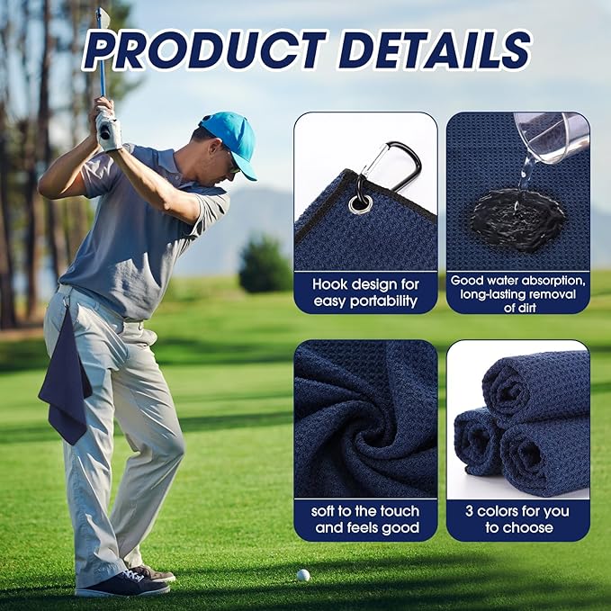 Batiyeer Golf Towels Bulk for Bags 16'' x 16'' Microfiber Waffle Pattern Golf Towel with Clipfor Mini Tournament, Club, Yoga, Fitness