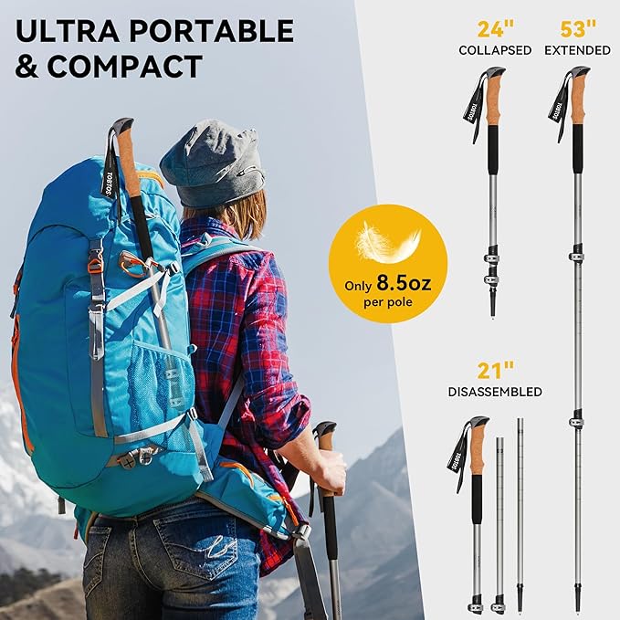 TOBTOS Trekking Poles, 2 Pack 7075 Aluminum Walking Sticks with Quick Lock, Lightweight Adjustable Hiking Sticks, Comfortable Cork Grips for Hiking, Walking & Camping