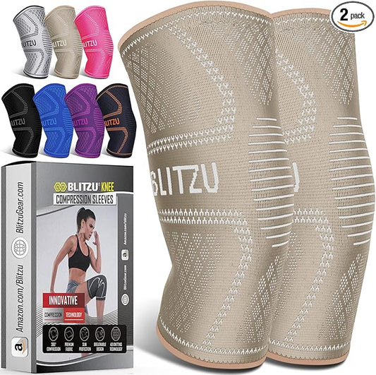 BLITZU Knee Compression Sleeves (1 Pair) – Support for Running, Joint Pain, Arthritis, Injury Recovery – Men & Women Beige L