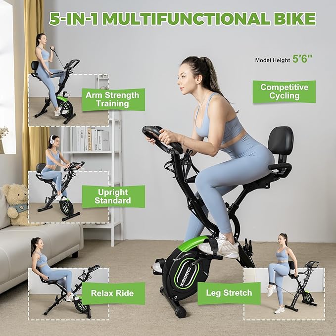 Caromix Folding Exercise Bike, 5 in 1 Stationary Magnetic Cycling Bicycle Upright Indoor Cycling Bike for Home Workout 330LB Capacity