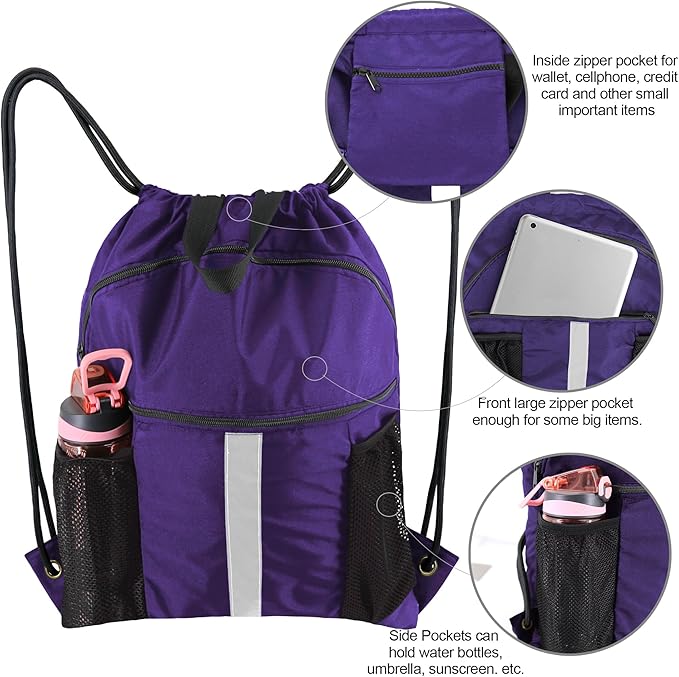 BeeGreen Drawstring Backpack Bag with Shoe Compartment, X-Large Black Gym Sports String Cinch Backpack