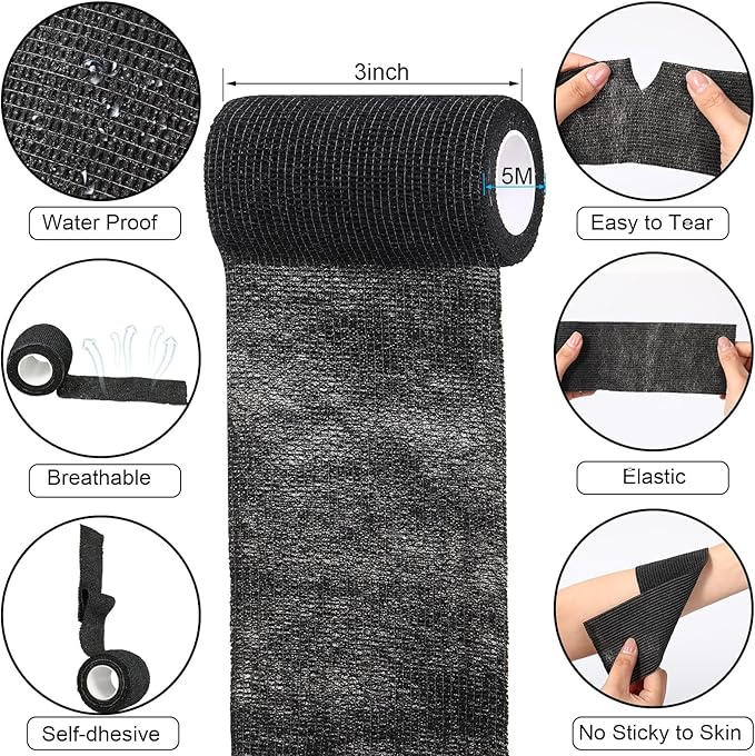 Treela 64 Pack 3" x 5 Yards Self Adhesive Cohesive Bandage Wraps, Elastic Breathable Athletic Tape, Flexible Self Adherent Bandage Rolls for Wrist, Ankle, Fingers, Sports & Pets (Black)