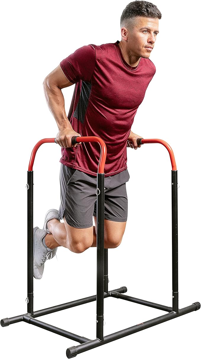 Sunny Health & Fitness Power Tower, Dip Bar, Push-Up & Pull Up Assisting Parallette Station w Optional Rock Climbing Grip Trainer