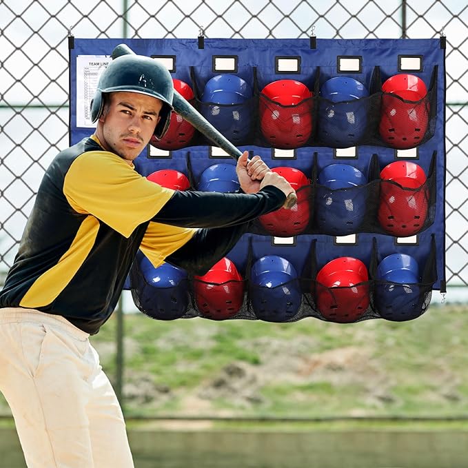 Baseball Dugout Organizer, Hanging Helmet Bag for 15 Players Baseball Softball Team, Helmet Organizer for Dugout Fence Garage, Organize Baseball Equipment, Helmets, Gloves, Bats, Balls