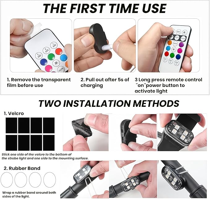 4PCS Wireless LED Strobe Lights with Remote Control, RGB 8 Colors Multifunction, USB Charging Waterproof Anti-Collision Tail Warning Mini Light for Car Motorcycle Trucks Bike Drone Aircraft (4)
